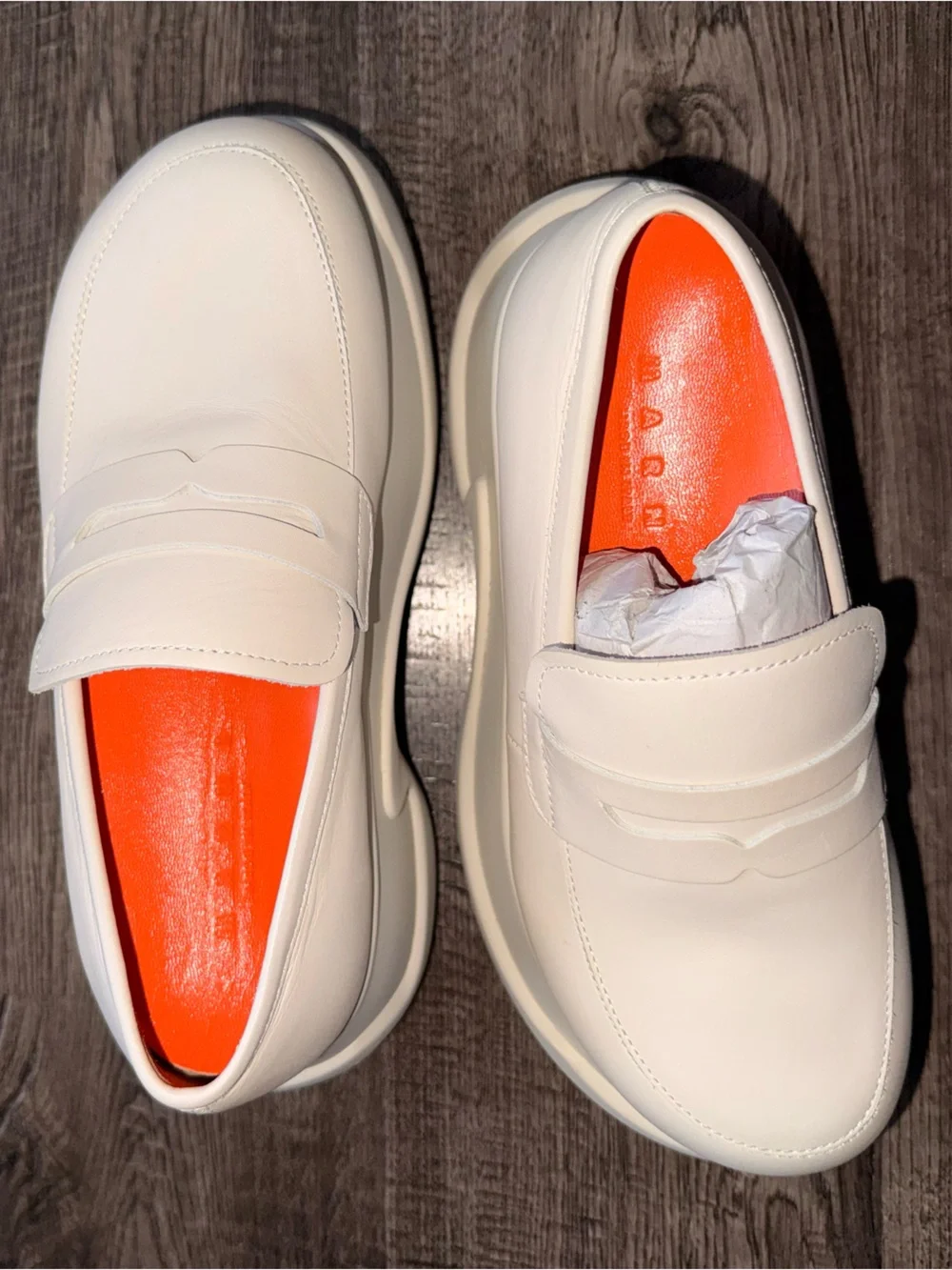 Marni Leather Chunky Penny Loafers Platform Moccasin Loafers in White